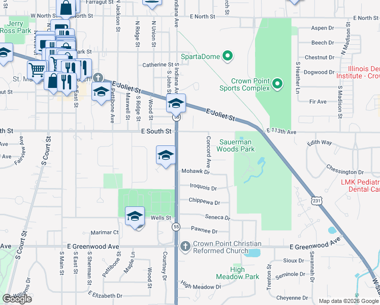map of restaurants, bars, coffee shops, grocery stores, and more near 908 Heritage Court in Crown Point