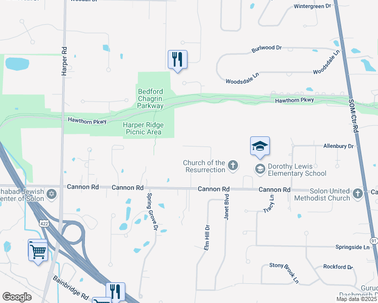 map of restaurants, bars, coffee shops, grocery stores, and more near 31470 Birch Circle in Solon