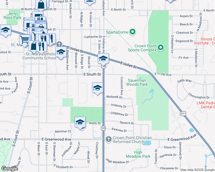 map of restaurants, bars, coffee shops, grocery stores, and more near 908 Heritage Court in Crown Point