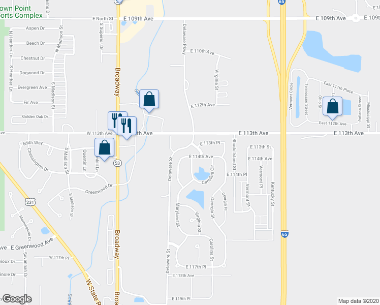 map of restaurants, bars, coffee shops, grocery stores, and more near 554 East 114th Avenue in Crown Point