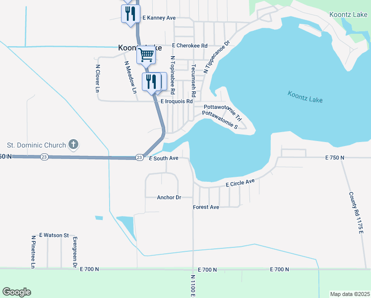 map of restaurants, bars, coffee shops, grocery stores, and more near 10988 East South Avenue in Walkerton