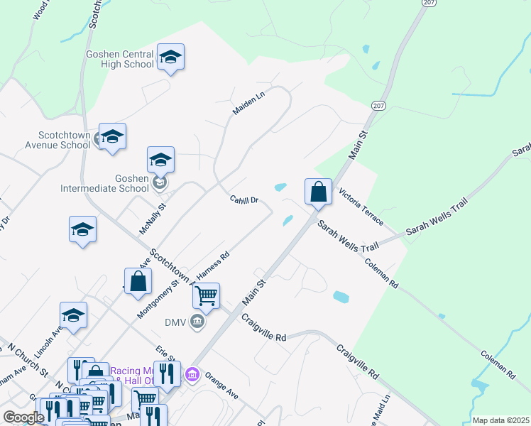 map of restaurants, bars, coffee shops, grocery stores, and more near 3 Harness Road in Goshen