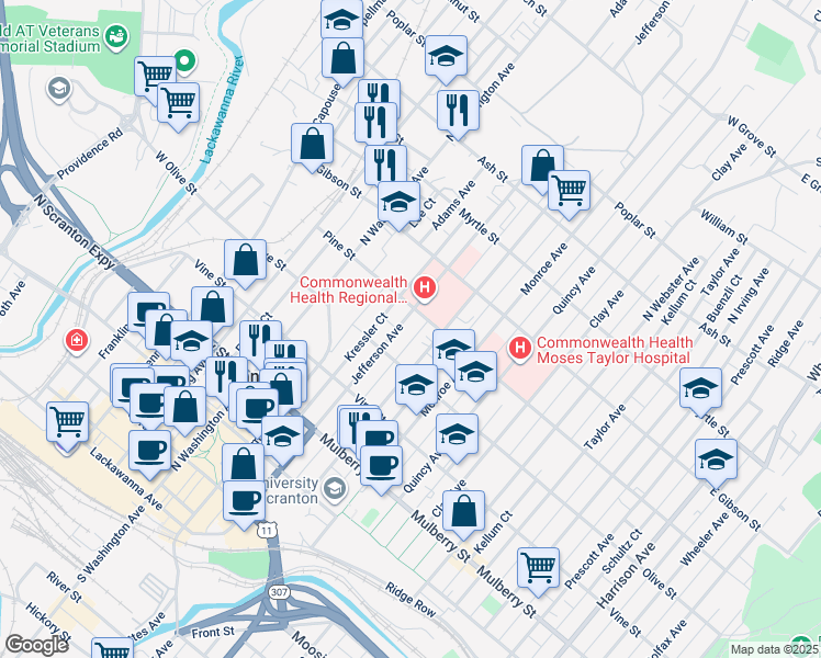 map of restaurants, bars, coffee shops, grocery stores, and more near 633 Jefferson Avenue in Scranton