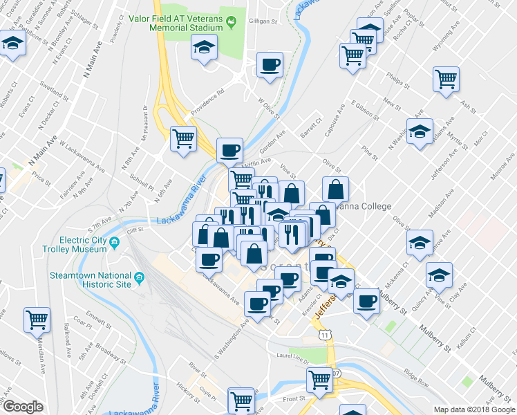 map of restaurants, bars, coffee shops, grocery stores, and more near 222 Mulberry Street in Scranton