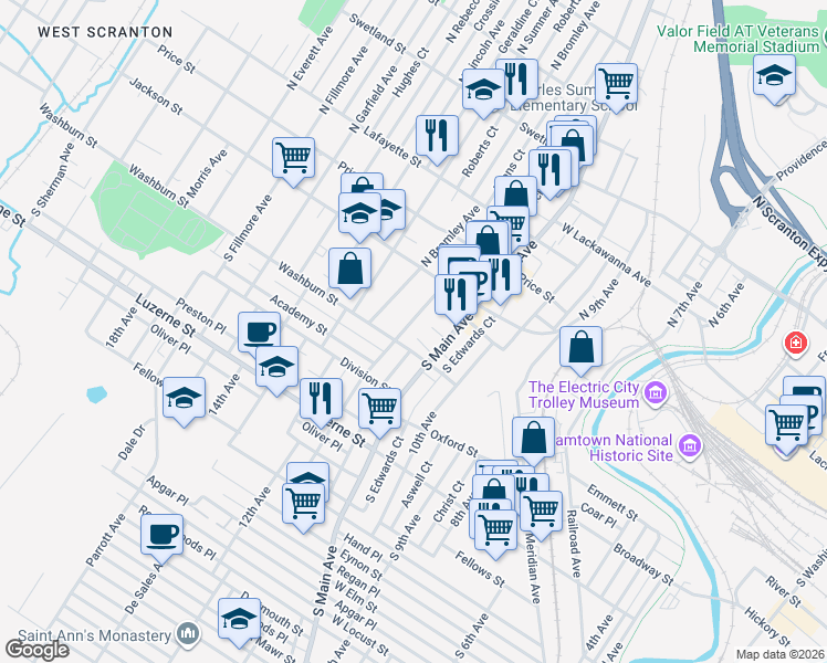 map of restaurants, bars, coffee shops, grocery stores, and more near 141 South Hyde Park Avenue in Scranton