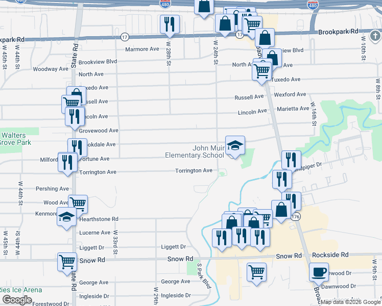 map of restaurants, bars, coffee shops, grocery stores, and more near 2511 Brookdale Avenue in Parma