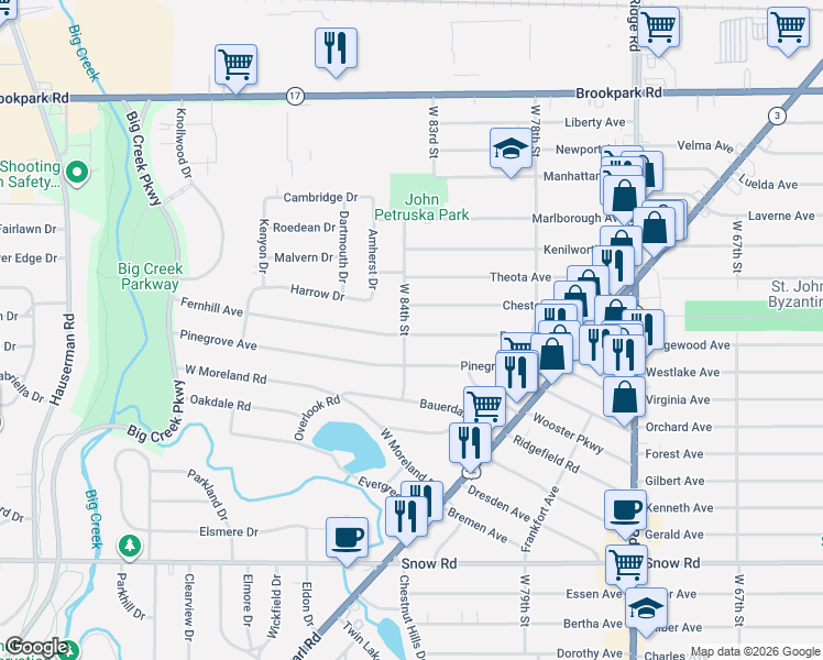 map of restaurants, bars, coffee shops, grocery stores, and more near 8306 Fernhill Avenue in Parma
