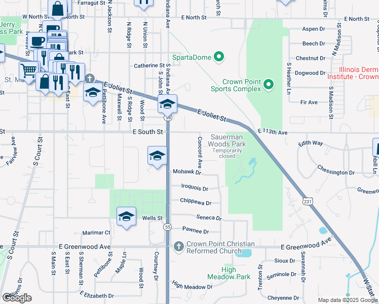 map of restaurants, bars, coffee shops, grocery stores, and more near 445 Concord Avenue in Crown Point
