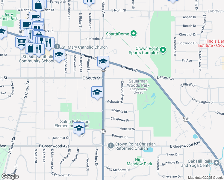 map of restaurants, bars, coffee shops, grocery stores, and more near 908 Heritage Court in Crown Point