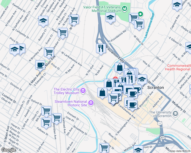 map of restaurants, bars, coffee shops, grocery stores, and more near 400 North 6th Avenue in Scranton