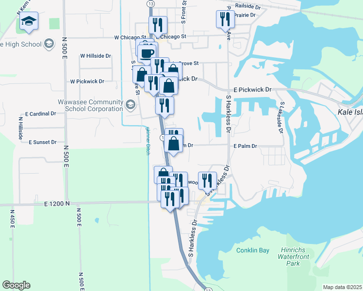 map of restaurants, bars, coffee shops, grocery stores, and more near 210 East Palm Drive in Syracuse