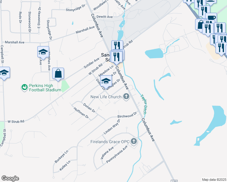 map of restaurants, bars, coffee shops, grocery stores, and more near 204 Douglas Drive in Sandusky