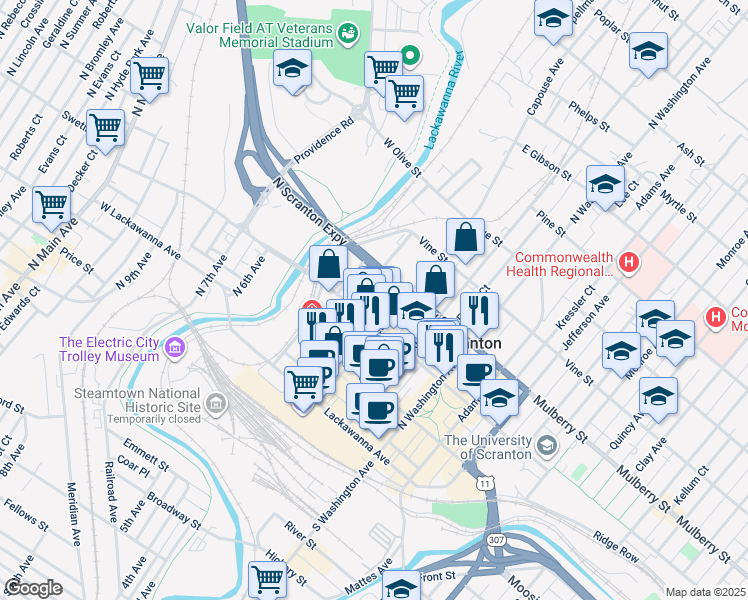 map of restaurants, bars, coffee shops, grocery stores, and more near 222 Mulberry Street in Scranton