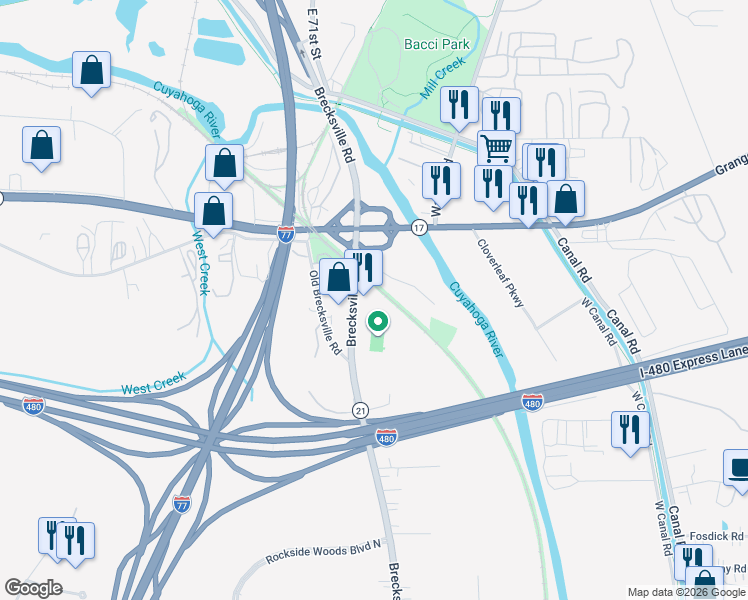 map of restaurants, bars, coffee shops, grocery stores, and more near 5555 Brecksville Road in Independence