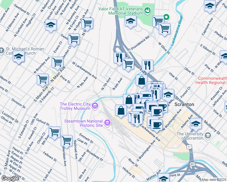 map of restaurants, bars, coffee shops, grocery stores, and more near 602 West Lackawanna Avenue in Scranton