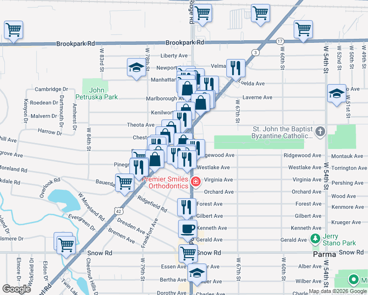 map of restaurants, bars, coffee shops, grocery stores, and more near 5050 Ridge Road in Cleveland