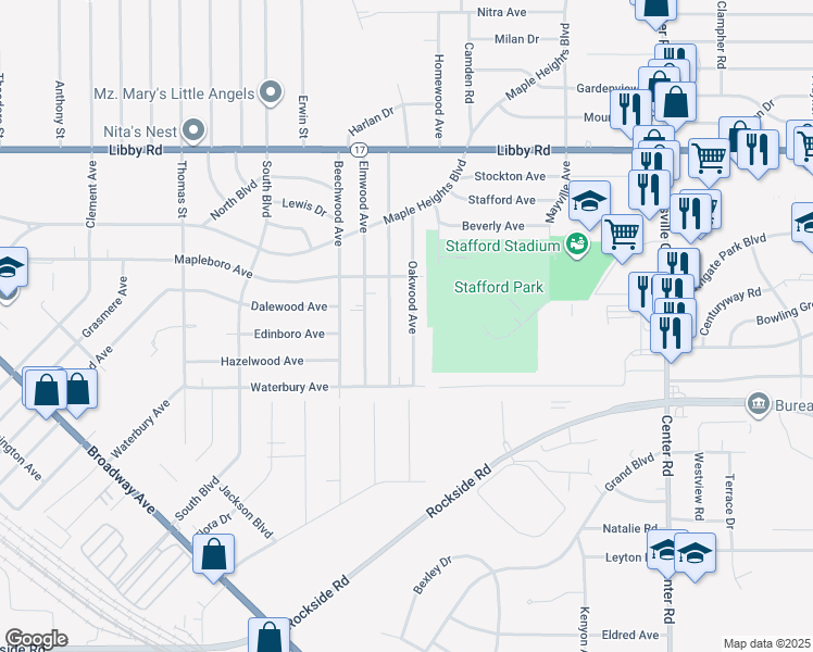 map of restaurants, bars, coffee shops, grocery stores, and more near 5518 Oakwood Avenue in Maple Heights