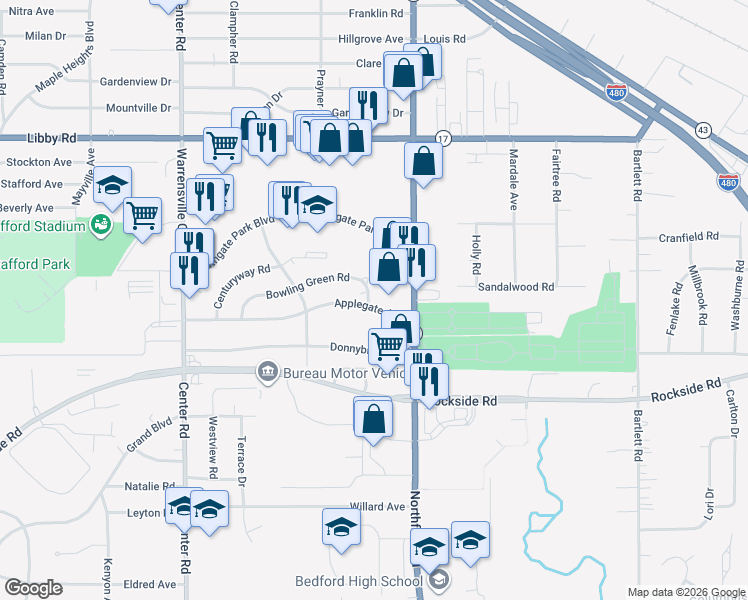 map of restaurants, bars, coffee shops, grocery stores, and more near 20754 Bowling Green Road in Maple Heights