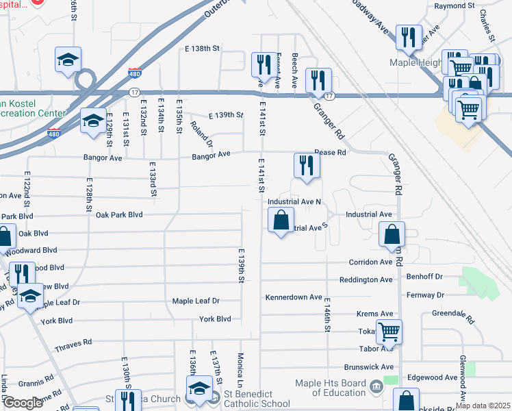 map of restaurants, bars, coffee shops, grocery stores, and more near 5592 East 139th Street in Garfield Heights