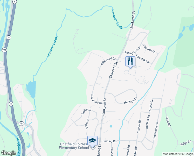map of restaurants, bars, coffee shops, grocery stores, and more near 38 Briarwood Drive in Seymour