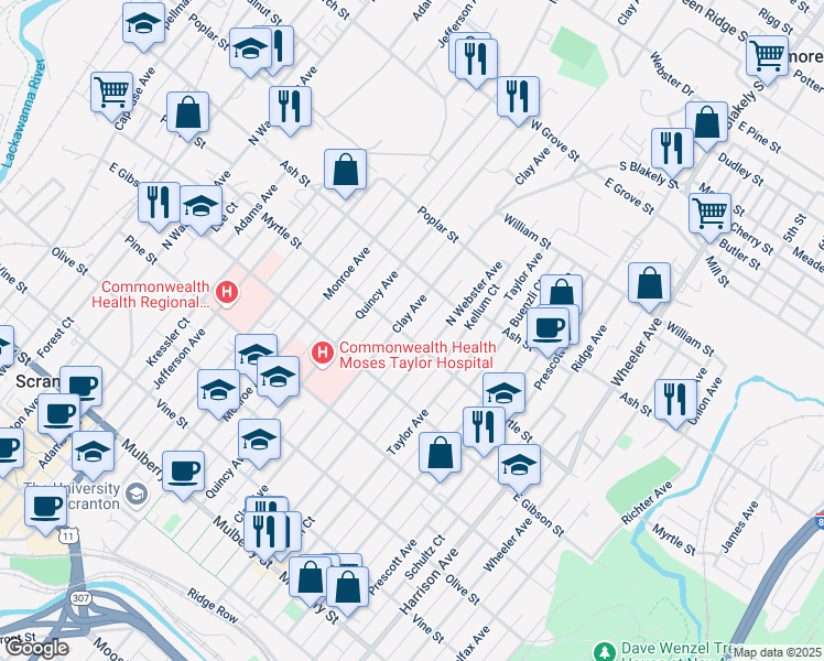 map of restaurants, bars, coffee shops, grocery stores, and more near 900 Clay Avenue in Scranton