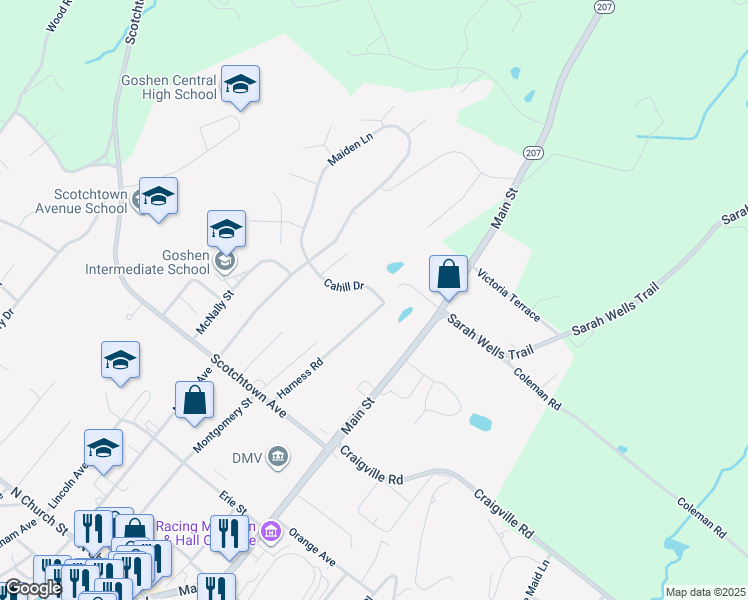 map of restaurants, bars, coffee shops, grocery stores, and more near 3 Harness Road in Goshen