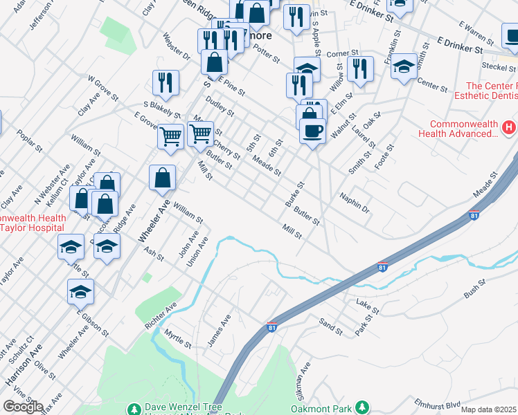 map of restaurants, bars, coffee shops, grocery stores, and more near 610-698 West Elm Street in Dunmore