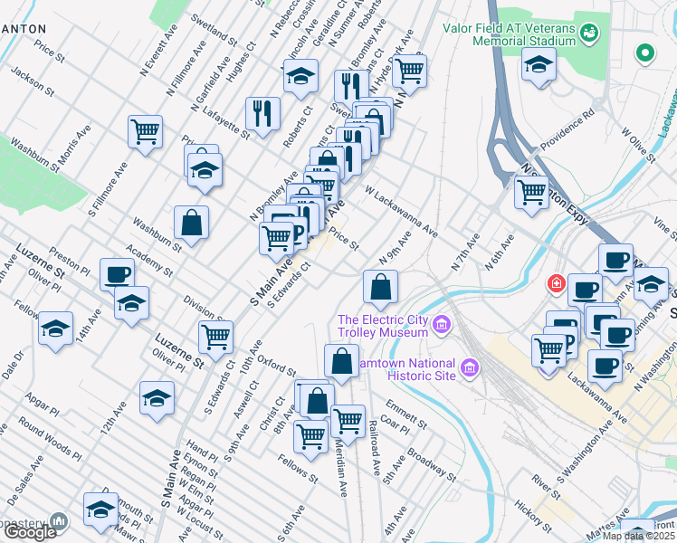 map of restaurants, bars, coffee shops, grocery stores, and more near 116 Saint Frances Cabrini Avenue in Scranton