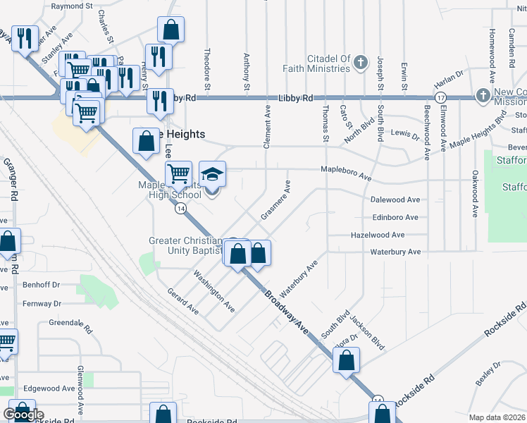 map of restaurants, bars, coffee shops, grocery stores, and more near 5483 Grasmere Avenue in Maple Heights