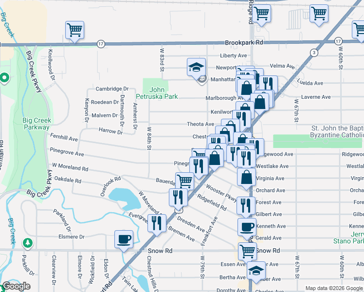 map of restaurants, bars, coffee shops, grocery stores, and more near 8116 Fernhill Avenue in Parma