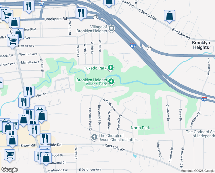 map of restaurants, bars, coffee shops, grocery stores, and more near 5530 Beacon Hill Drive in Seven Hills
