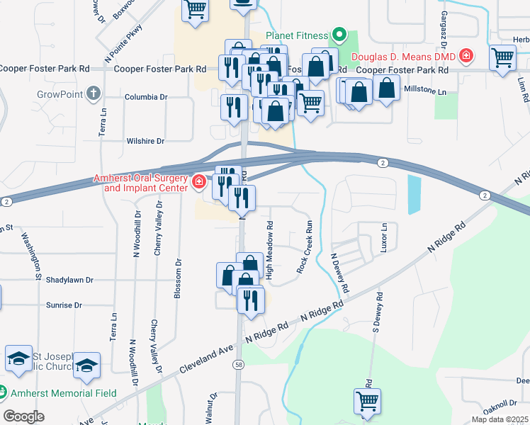map of restaurants, bars, coffee shops, grocery stores, and more near 496 High Meadow Road in Amherst