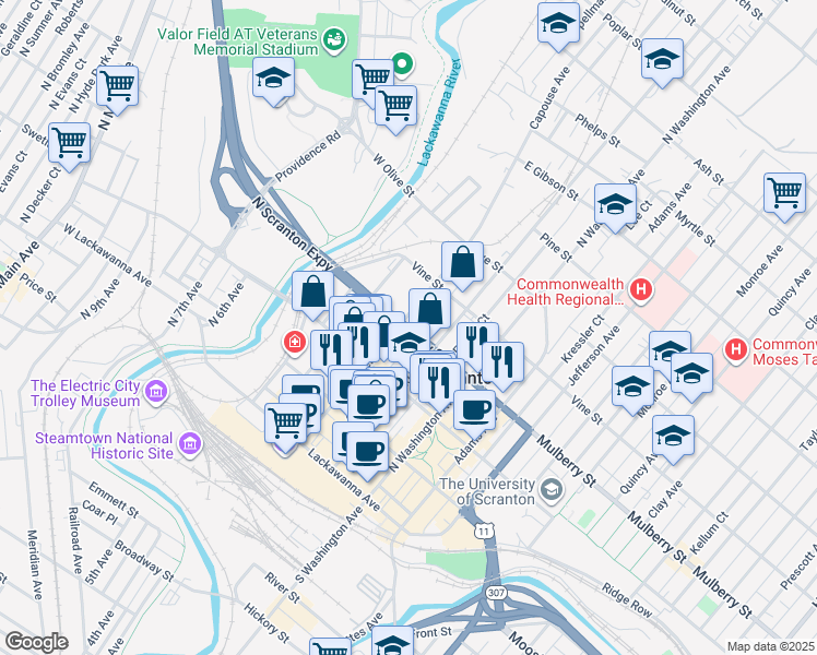 map of restaurants, bars, coffee shops, grocery stores, and more near 311 Mulberry Street in Scranton