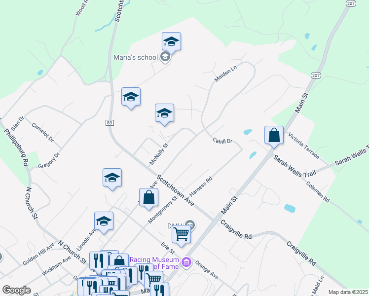 map of restaurants, bars, coffee shops, grocery stores, and more near 185 Murray Avenue in Goshen