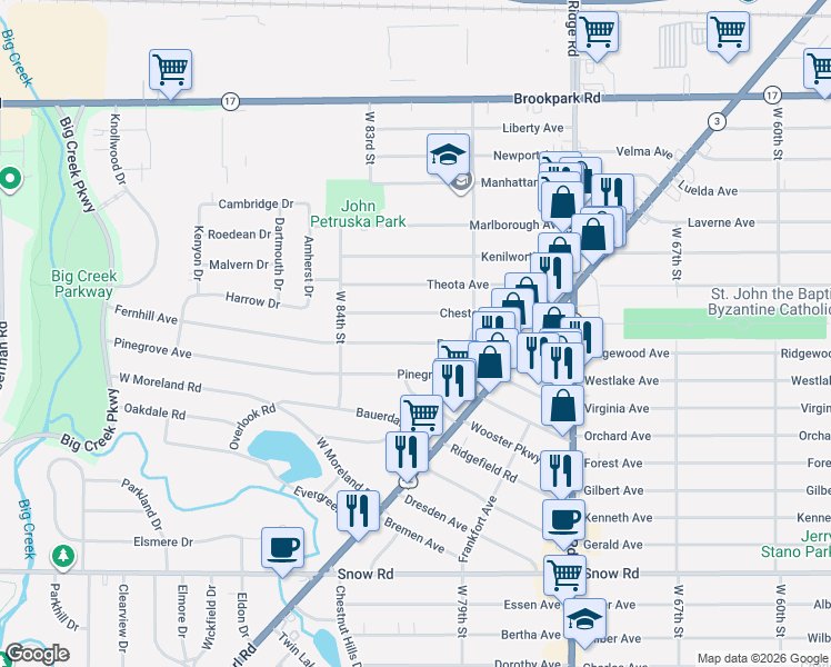 map of restaurants, bars, coffee shops, grocery stores, and more near 8116 Fernhill Avenue in Parma