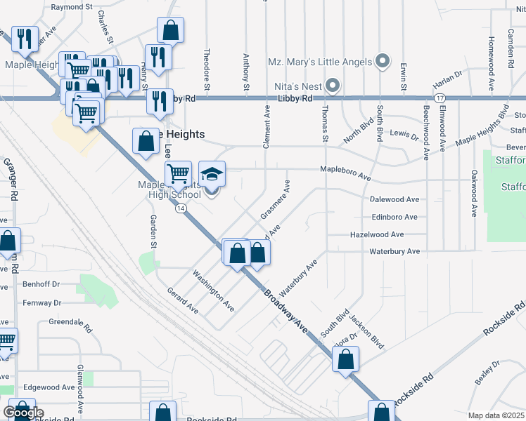 map of restaurants, bars, coffee shops, grocery stores, and more near 5483 Grasmere Avenue in Maple Heights