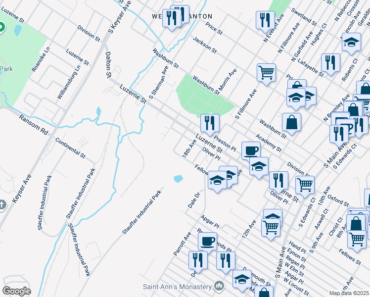 map of restaurants, bars, coffee shops, grocery stores, and more near 422 18th Ave in Scranton