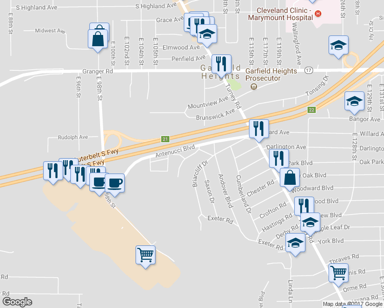 map of restaurants, bars, coffee shops, grocery stores, and more near 5513 Carol Jean Boulevard in Garfield Heights