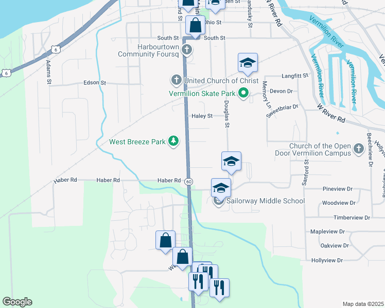map of restaurants, bars, coffee shops, grocery stores, and more near 1215 State Street in Vermilion