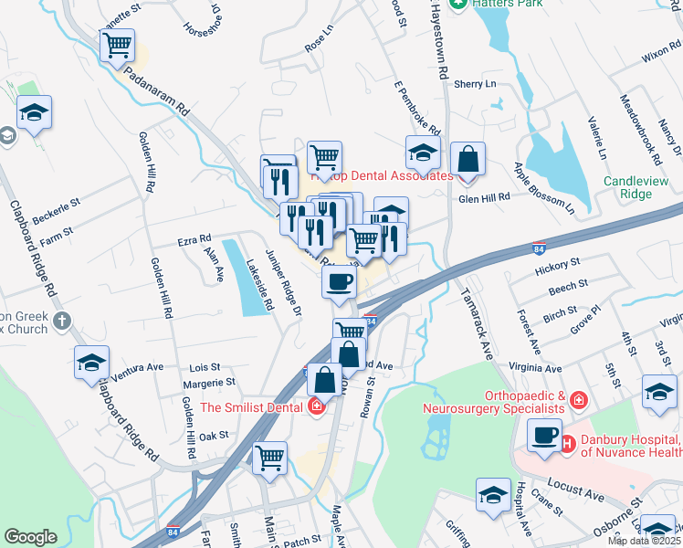 map of restaurants, bars, coffee shops, grocery stores, and more near Padanaram Road & North Street in Danbury