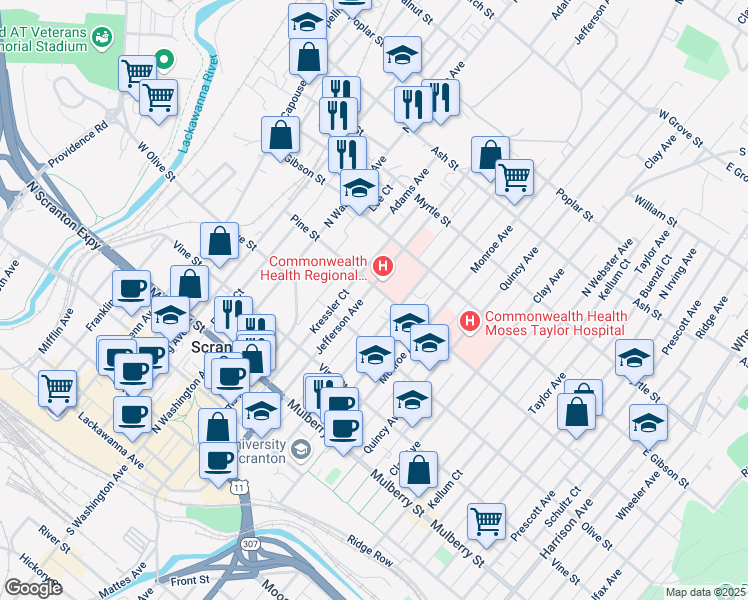 map of restaurants, bars, coffee shops, grocery stores, and more near 717 Pine Street in Scranton