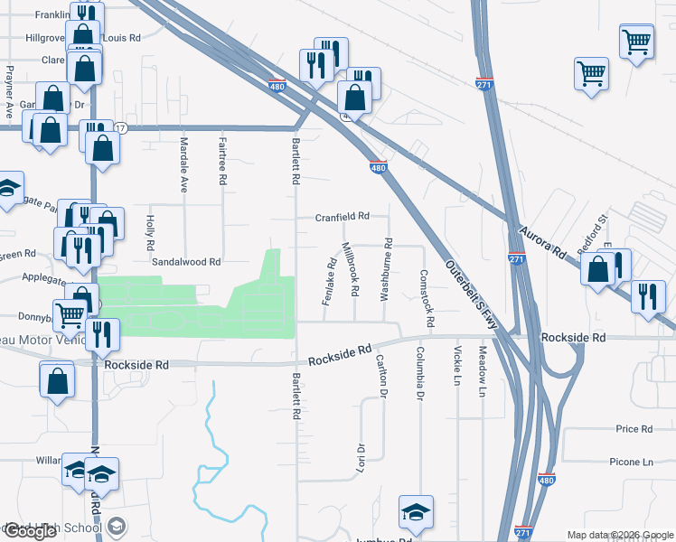 map of restaurants, bars, coffee shops, grocery stores, and more near 5439 Fenlake Road in Bedford Heights