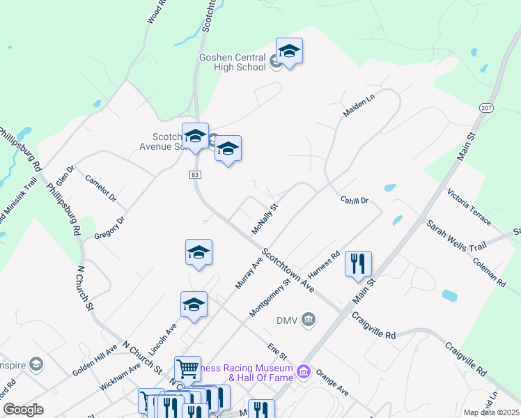 map of restaurants, bars, coffee shops, grocery stores, and more near 5 Crescent Drive in Goshen