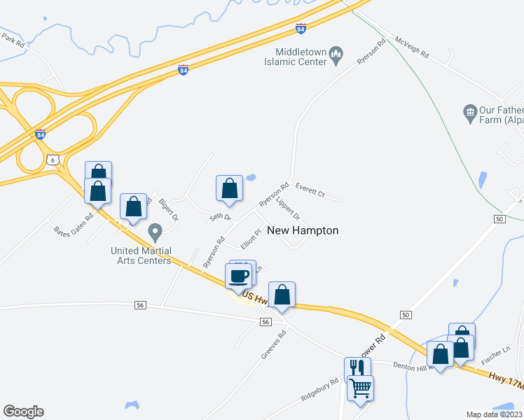 map of restaurants, bars, coffee shops, grocery stores, and more near 9 Dennis Drive in New Hampton
