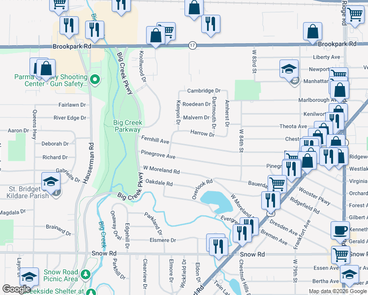 map of restaurants, bars, coffee shops, grocery stores, and more near 9203 Fernhill Avenue in Parma