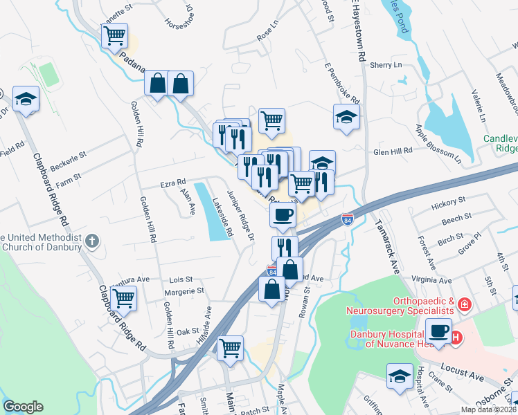 map of restaurants, bars, coffee shops, grocery stores, and more near 38 Padanaram Avenue in Danbury