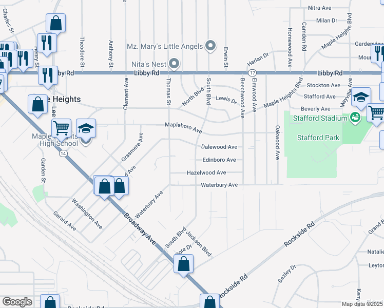 map of restaurants, bars, coffee shops, grocery stores, and more near 5472 South Boulevard in Maple Heights