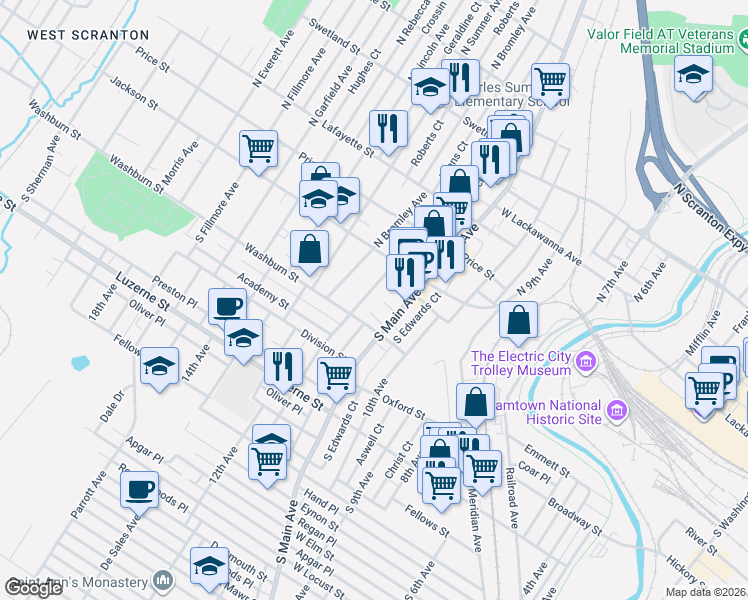 map of restaurants, bars, coffee shops, grocery stores, and more near 141 South Hyde Park Avenue in Scranton
