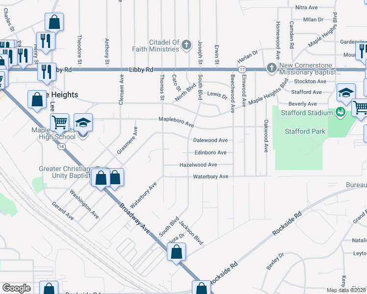 map of restaurants, bars, coffee shops, grocery stores, and more near 5472 South Boulevard in Maple Heights