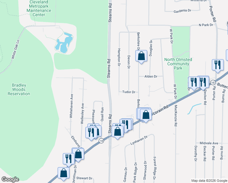 map of restaurants, bars, coffee shops, grocery stores, and more near 29112 Lorain Road in North Olmsted